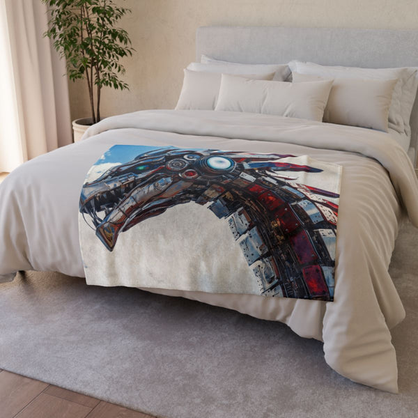 Cybernetic Dragon in the Sky — Plush Fleece Throw Blanket — Drape over Sofa & Bed Lifestyle View