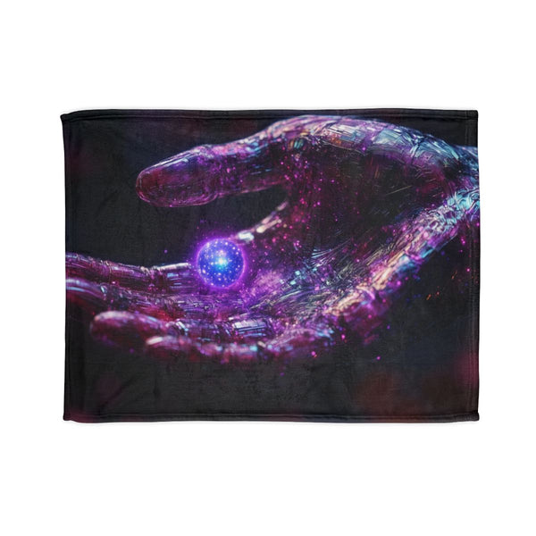 Cybernetic Hand Holding Tiny Galaxy (Edition III) — Plush Fleece Throw Blanket — Full Spread Plush Fleece Artwork View