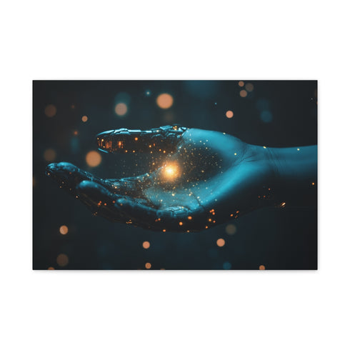 Cybernetic Hand Holding Tiny Galaxy — 24×16 Canvas Wall Art — Front Gallery-Wrapped Canvas View