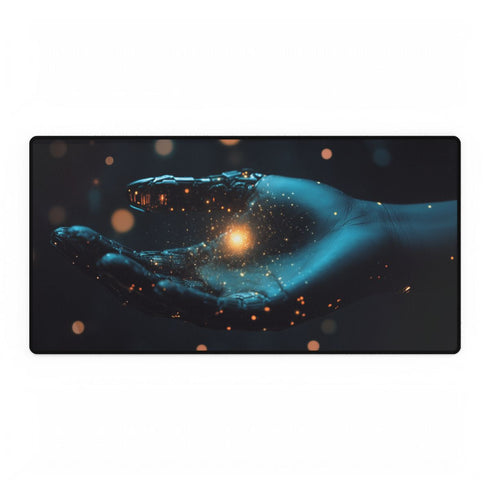 Cybernetic Hand Holding Tiny Galaxy — XXL Gaming Desk Mat — Full Top-Down Artwork View