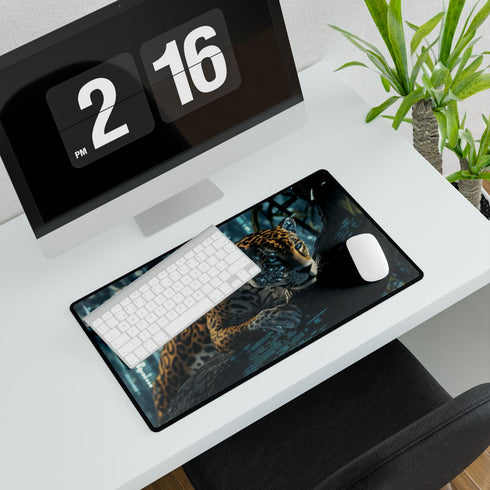 Cybernetic Jaguar in Data Jungle — XL Gaming Desk Mat — Gaming & Workspace Desk Setup View