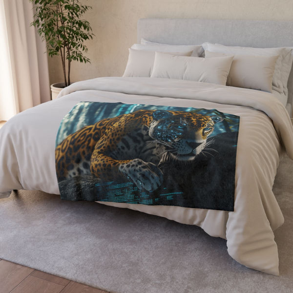 Cybernetic Jaguar in Data Jungle — Plush Fleece Throw Blanket — Drape over Sofa & Bed Lifestyle View