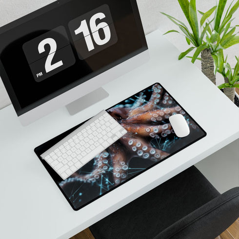 Cybernetic Octopus Tangled in Data Lines — XL & XXL Desk Mat — Gaming & Workspace Desk Setup View