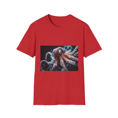 Cybernetic Octopus Tangled in Data Lines Graphic Unisex Softstyle T-Shirt - Red Variant
