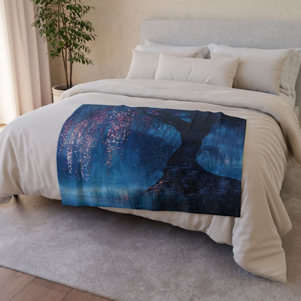 Cybernetic Tree in Digital Swamp — Plush Fleece Throw Blanket — Drape over Sofa & Bed Lifestyle View