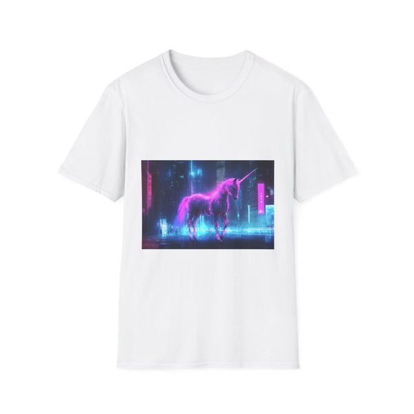 Cybernetic Unicorn in City Night Graphic Unisex Softstyle T-Shirt - Front View