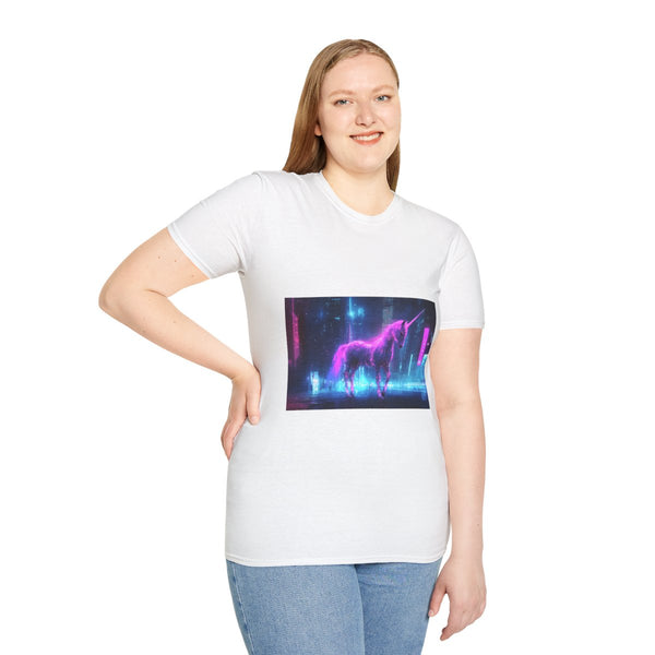 Cybernetic Unicorn in City Night Graphic Unisex Softstyle T-Shirt - Model View