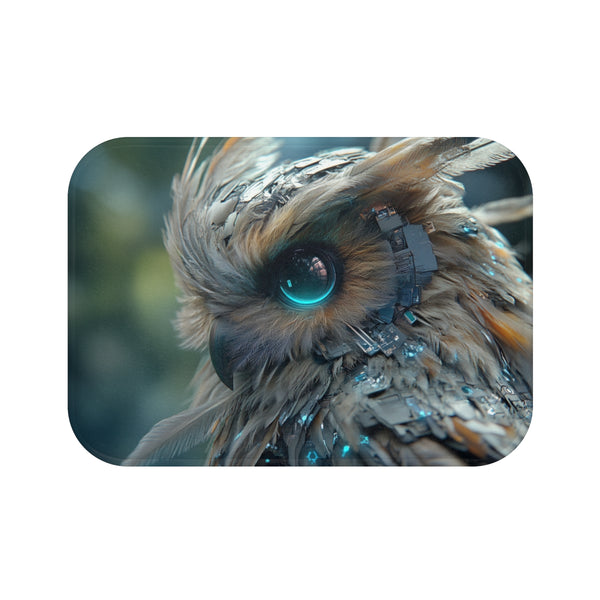 Cyberpunk Owl with Digital Feathers (Edition II) — Memory Foam Bath Mat — Top-Down Memory Foam Bath Mat View