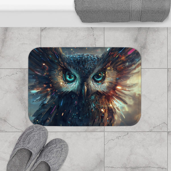 Cyberpunk Owl with Digital Feathers (Edition III) — Memory Foam Bath Mat — Modern Bathroom Floor Lifestyle View