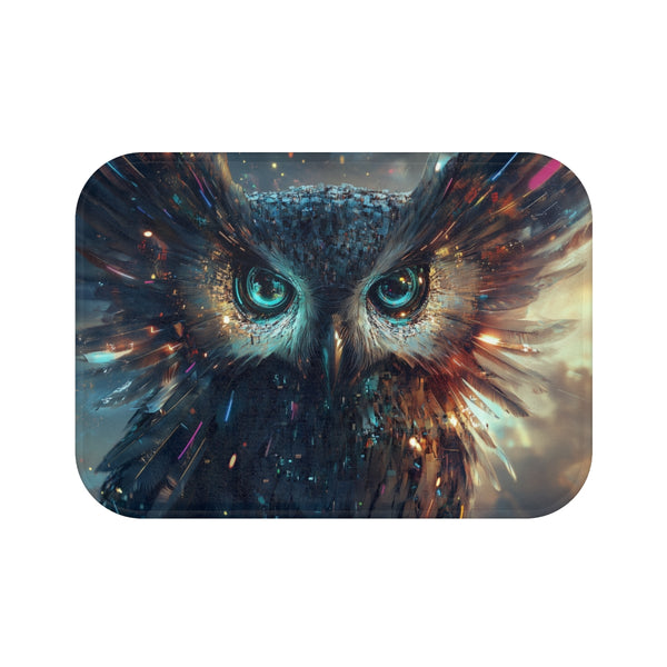 Cyberpunk Owl with Digital Feathers (Edition III) — Memory Foam Bath Mat — Top-Down Memory Foam Bath Mat View