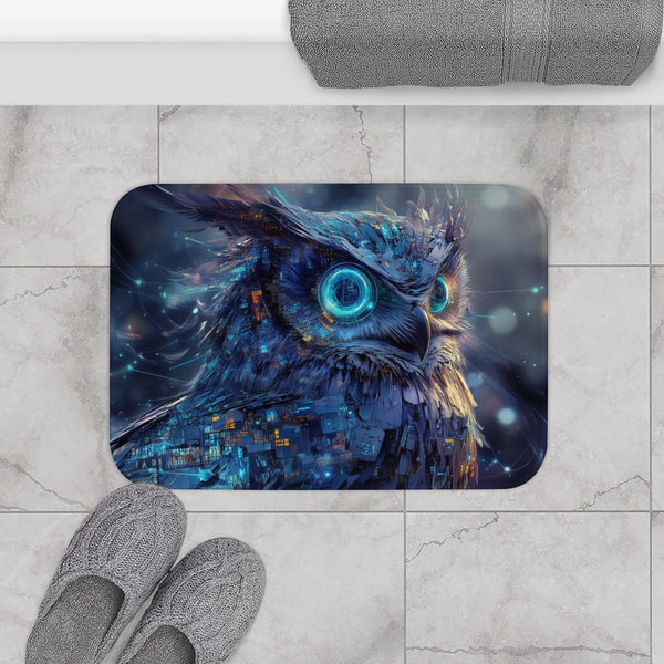 Cyberpunk Owl with Digital Feathers (Edition IV) — Memory Foam Bath Mat — Modern Bathroom Floor Lifestyle View