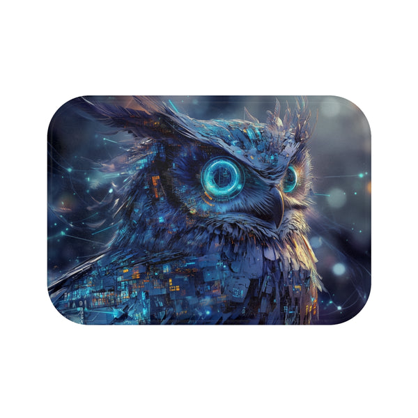 Cyberpunk Owl with Digital Feathers (Edition IV) — Memory Foam Bath Mat — Top-Down Memory Foam Bath Mat View