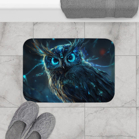Cyberpunk Owl with Digital Feathers — 61×43 Memory Foam Bath Mat — Modern Bathroom Floor Lifestyle View