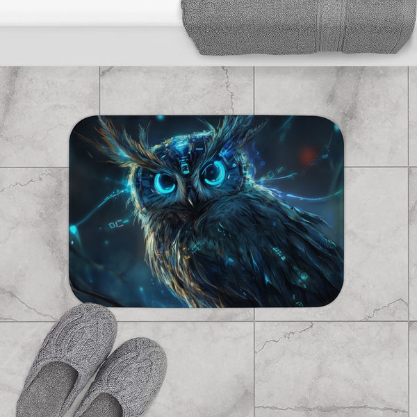 Cyberpunk Owl with Digital Feathers — Memory Foam Bath Mat — Modern Bathroom Floor Lifestyle View