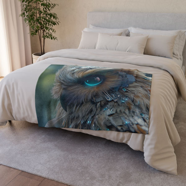Cyberpunk Owl with Digital Feathers — Plush Fleece Throw Blanket — Drape over Sofa & Bed Lifestyle View
