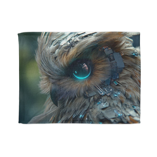 Cyberpunk Owl with Digital Feathers — Plush Fleece Throw Blanket — Full Spread Plush Fleece Artwork View