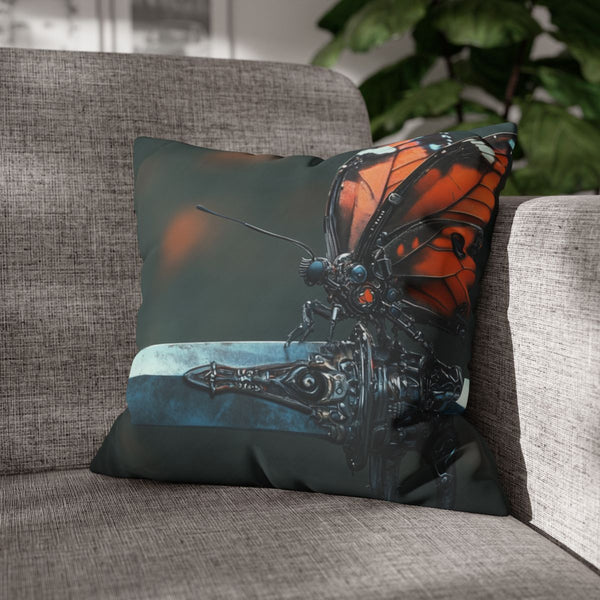 Cyborg Butterfly Perched on Sword (Edition IV) — Double-Sided Cushion Cover — Sofa & Armchair Living Room Lifestyle View
