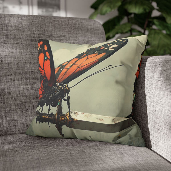 Cyborg Butterfly Perched on Sword (Edition VI) — Double-Sided Cushion Cover — Sofa & Armchair Living Room Lifestyle View