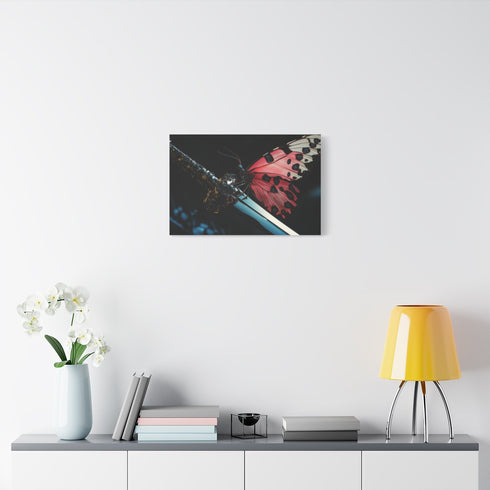 Cyborg Butterfly Perched on Sword — Stretched Canvas Wall Art — Living Room Wall Lifestyle View