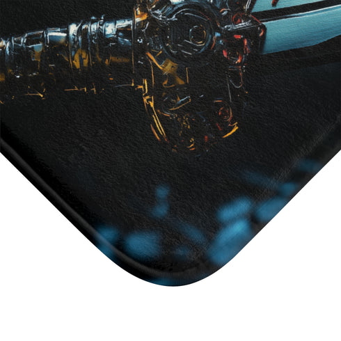 Cyborg Butterfly Perched on Sword — Memory Foam Bath Mat — Microfibre Texture Close-Up View