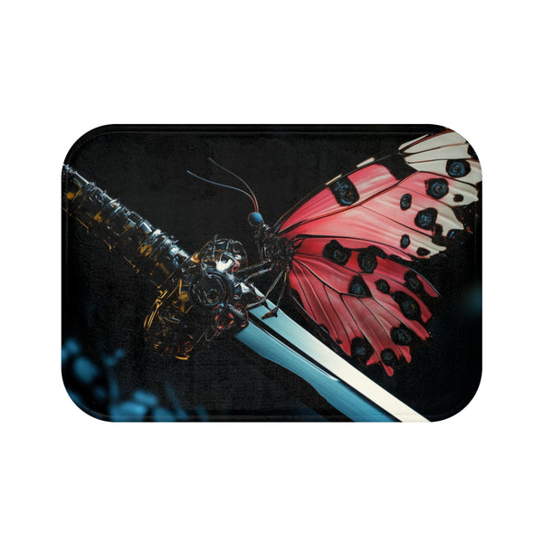 Cyborg Butterfly Perched on Sword — Memory Foam Bath Mat — Top-Down Memory Foam Bath Mat View