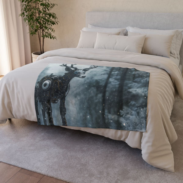 Cyborg Deer in a Snowy Forest (Edition IV) — Plush Fleece Throw Blanket — Drape over Sofa & Bed Lifestyle View