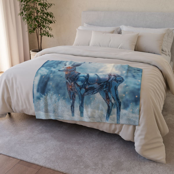 Cyborg Deer in a Snowy Forest — Plush Fleece Throw Blanket — Drape over Sofa & Bed Lifestyle View