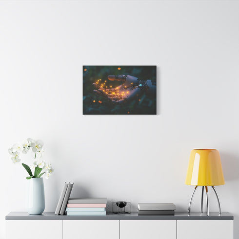 Cyborg Hand Holding Fireflies — Stretched Canvas Wall Art — Living Room Wall Lifestyle View