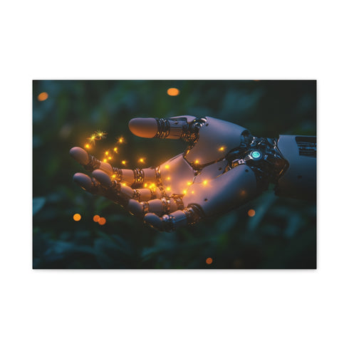 Cyborg Hand Holding Fireflies — Canvas Wall Art — Front Gallery-Wrapped Canvas View
