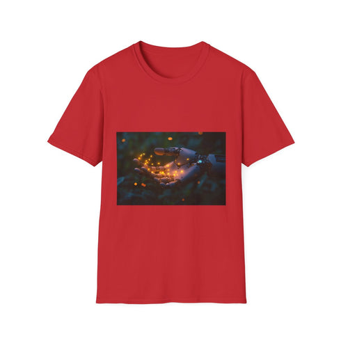 Cyborg Hand Holding Fireflies Graphic Unisex Softstyle T-Shirt - Red Variant