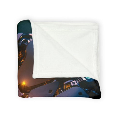 Cyborg Hand Holding Fireflies — 50×60 Plush Throw Blanket — Draped Over Sofa & Bed Lifestyle View