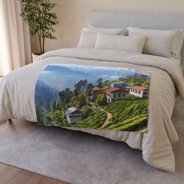Darjeeling West Bengal Painting Backdrop of the Him — 50×60 Plush Throw Blanket — Draped Over Sofa & Bed Lifestyle View