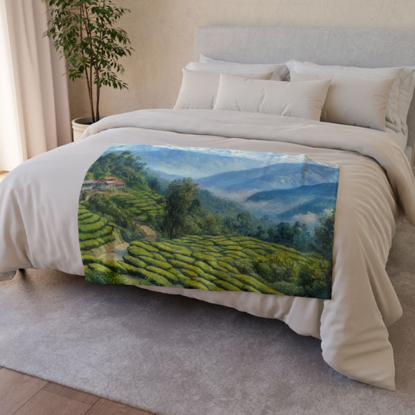 Darjeeling West Bengal Painting Backdrop of the Him — 50×60 Plush Throw Blanket — Draped Over Sofa & Bed Lifestyle View