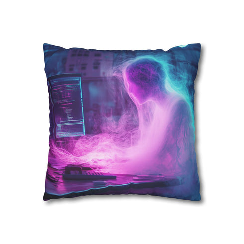 Cyberpunk Data Ghost in Abandoned Lab — 40×40 Cushion Cover — Sofa & Living Room Lifestyle View