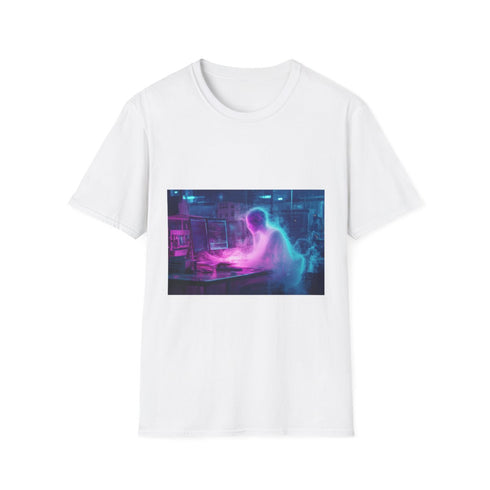 Cyberpunk Data Ghost in Abandoned Lab — Graphic Cotton T-Shirt — Front Graphic Print View