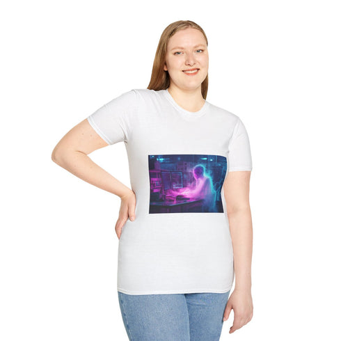 Cyberpunk Data Ghost in Abandoned Lab — Graphic Cotton T-Shirt — Model Streetwear Fit View