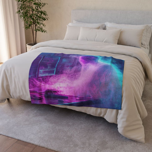 Cyberpunk Data Ghost in Abandoned Lab — 50×60 Plush Throw Blanket — 300 GSM Plush Coral Fleece Texture Close-Up