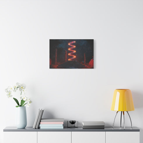 Data Helix Spinning Above Stone Altar — Stretched Canvas Wall Art — Living Room Wall Lifestyle View