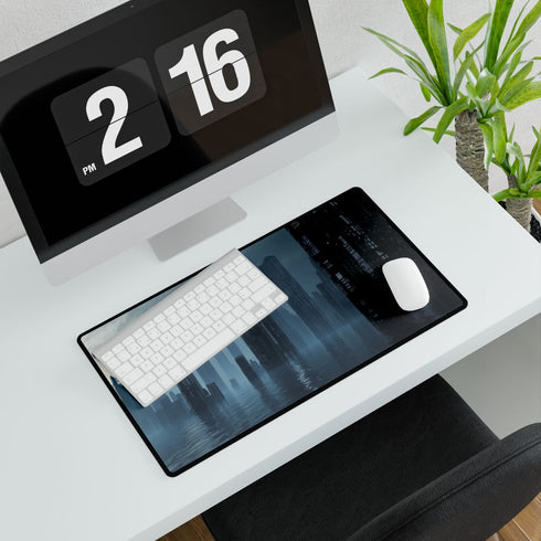 Data Towers Rising from Dark Sea — XL & XXL Desk Mat — Gaming & Workspace Desk Setup View