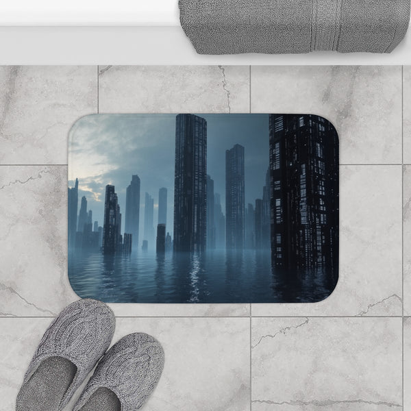 Data Towers Rising from Dark Sea — Memory Foam Bath Mat — Modern Bathroom Floor Lifestyle View