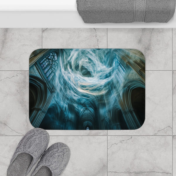 Data Vortex Swirling Through Cathedral (Edition II) — Memory Foam Bath Mat — Modern Bathroom Floor Lifestyle View