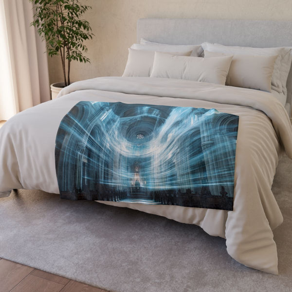 Data Vortex Swirling Through Cathedral (Edition II) — Plush Fleece Throw Blanket — Drape over Sofa & Bed Lifestyle View