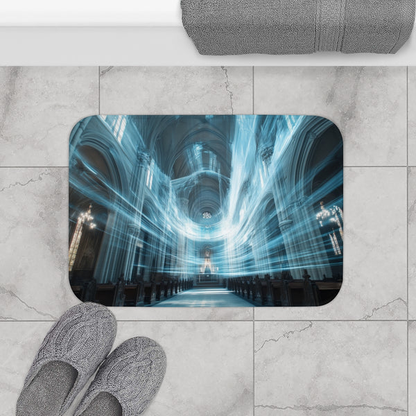 Data Vortex Swirling Through Cathedral (Edition III) — Memory Foam Bath Mat — Modern Bathroom Floor Lifestyle View