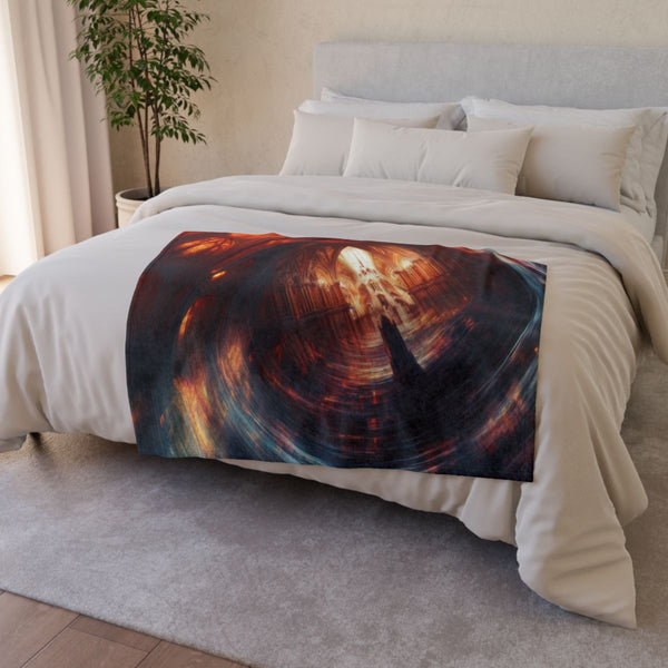 Data Vortex Swirling Through Cathedral (Edition III) — Plush Fleece Throw Blanket — Drape over Sofa & Bed Lifestyle View