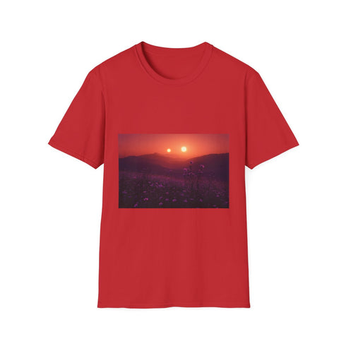 Desert Bloom Under Triple Suns Graphic Unisex Softstyle T-Shirt - Red Variant