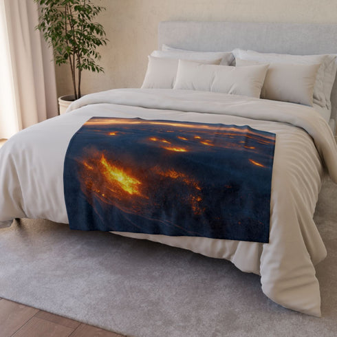 Desert Wind Carrying Glowing Embers — Plush Fleece Throw Blanket — Drape over Sofa & Bed Lifestyle View