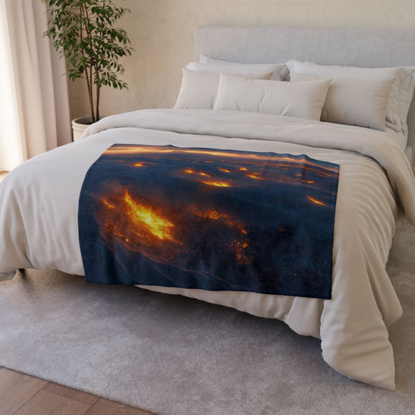 Desert Wind Carrying Glowing Embers — Plush Fleece Throw Blanket — Drape over Sofa & Bed Lifestyle View