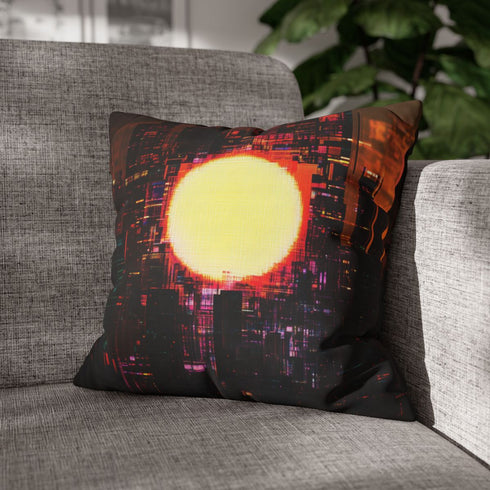 Digital Eclipse over Cyber City — 40×40 Cushion Cover — Sofa & Living Room Lifestyle View