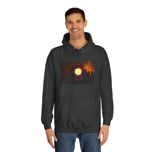 Digital Eclipse Over Cyber City Graphic Unisex College Hoodie - Lifestyle Model View