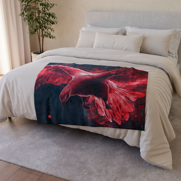 Digital Phoenix in Mid Rebirth — Plush Fleece Throw Blanket — Drape over Sofa & Bed Lifestyle View